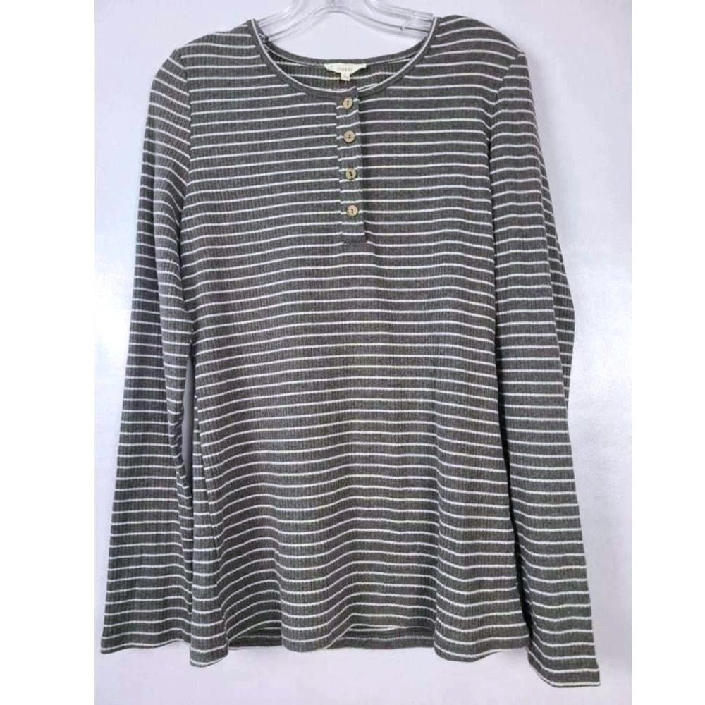 Easel BOHO Henley Top Womens L Gray Striped Ribbed Long Sleeve Casual